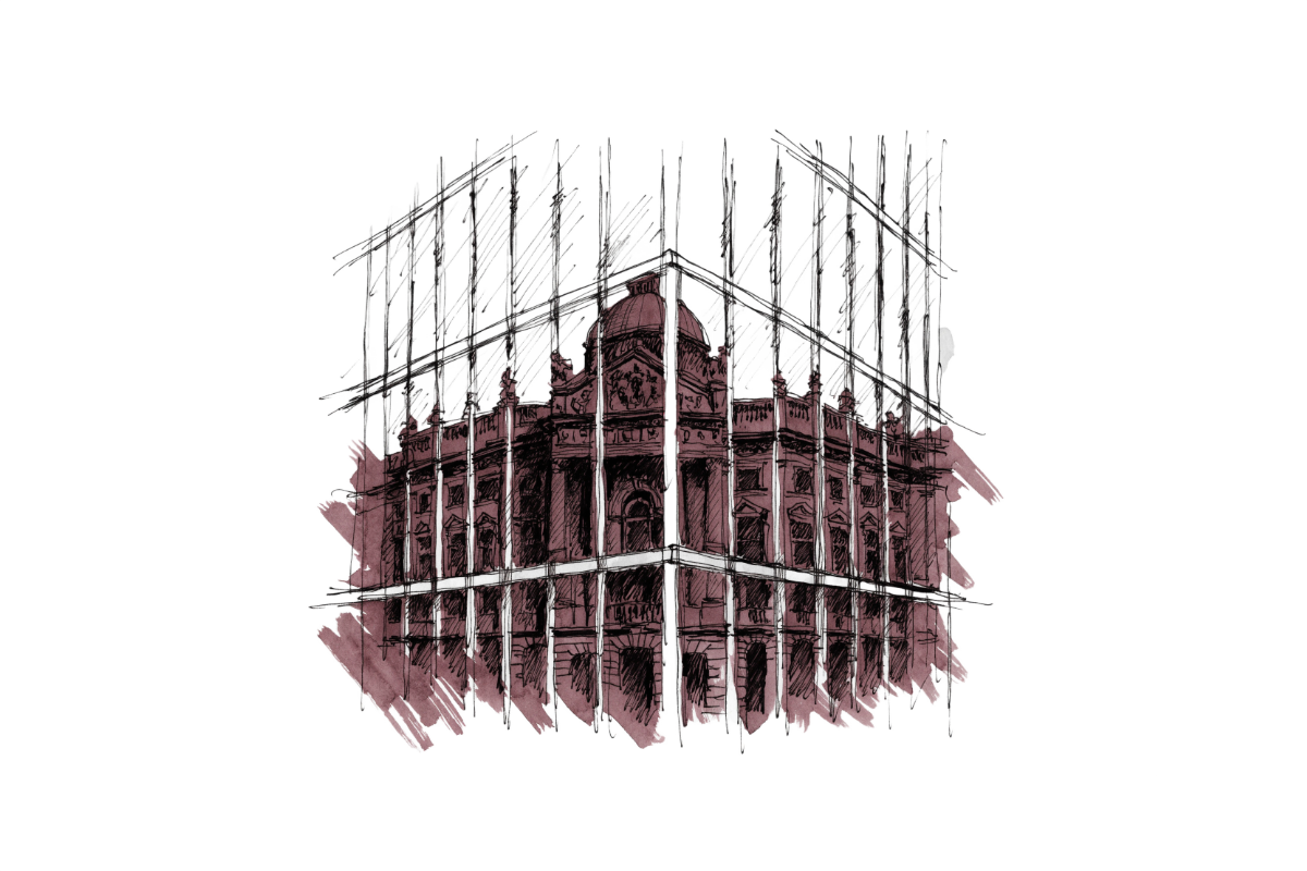 Editorial ink and wash illustration of a modern glass building reflecting an older stone courthouse — featured image for AI Governance Consulting services
